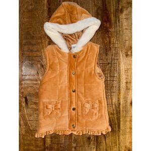 Nicole Miller New York Girls Tan Corduroy Puffer Vest Faux Fur Hood Bows Size 6
